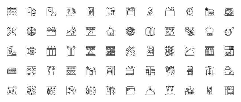 Restaurant icon set. Minimalist vector icons pack. Featuring bottle rack, ice cream, menu, blender, coffee maker, oven, chef, waiter, sushi, pizza and more.