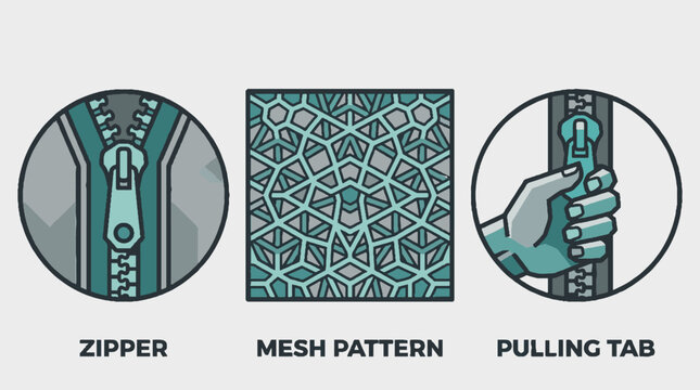 Technical illustration showing zipper construction mesh pattern and pulling tab action.