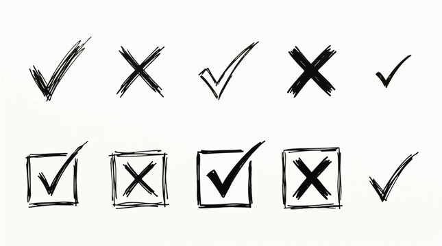 Hand-Drawn Check Mark and X Icons Set - Simple Vector Graphics for Surveys and Decisions