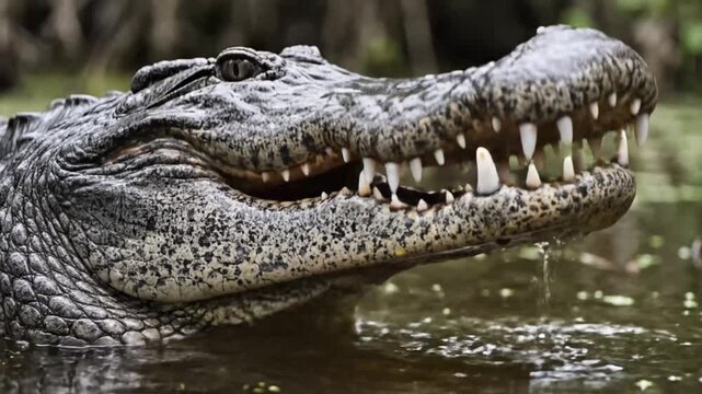 Alligator head with sharp teeth in murky swamp water