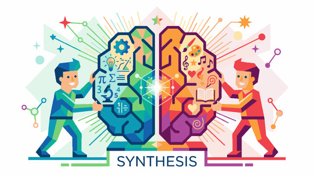 Two people working together to synthesize logical and creative brain functions.