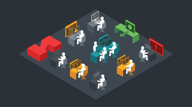 Isometric Flat Design Illustration of Software Developers Collaborating to Resolve a Zero Day Vulnerability Issue
