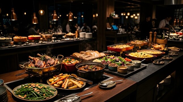 A delicious buffet spread with a variety of hot and cold dishes, perfectly arranged for a grand feast