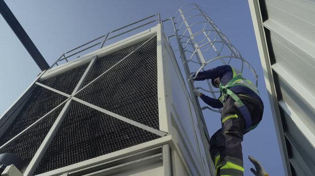 Engineer maintenance hvac cooling tower ladder safety harness technician industrial worker inspects metal structure under blue sky during service check rooftop climb to maintain and monitor
