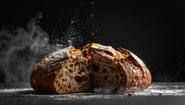 Dramatic macro of a multigrain sourdough loaf torn open mid-air, with flying seeds, flour dust, and steam on a dark background. Perfect for artisanal bakery branding and gut-health campaigns.