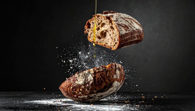 Dramatic macro of a multigrain sourdough loaf torn open mid-air, with flying seeds, flour dust, and steam on a dark background. Perfect for artisanal bakery branding and gut-health campaigns.