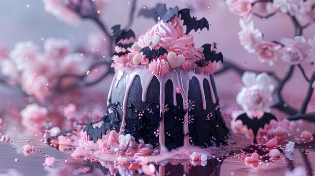 Kawaii Gothic Fantasy Cakes with Mount Fuji, Ribbons and Dreamy Pink Aesthetic