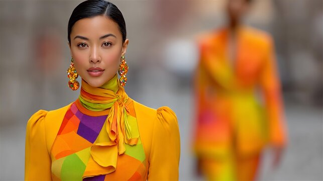 Elegant woman wearing vibrant yellow high fashion dress with colorful geometric patterns and ornate jewelry