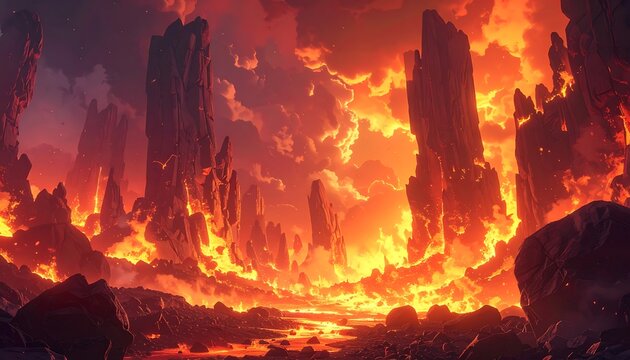 Apocalyptic fiery cityscape burning landscape.
