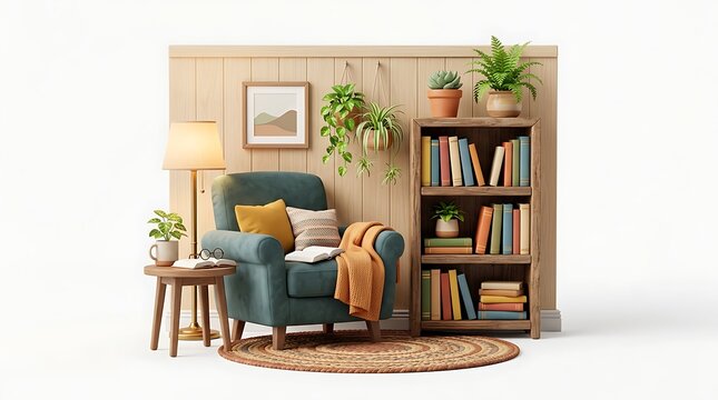 Comfortable reading corner with teal chair and wooden bookshelf