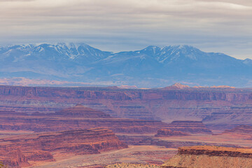 Naklejka premium Snowy mountains rise above layered red canyon plates