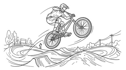 Fototapeta premium BMX Rider Performing Trick in Skatepark, Dynamic Action Line Art