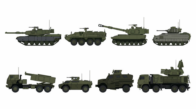 Modern Military Vehicles Vector Set Armor Tank APC MLRS and Tactical Truck Illustration Isolated on White Background
