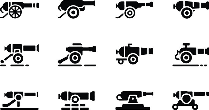 Set of twelve black and white cannon icons depicting antique military artillery weapons for war vector illustration