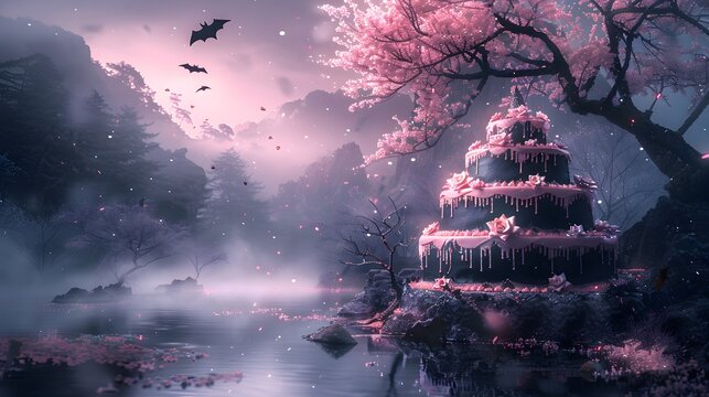 Kawaii Gothic Fantasy Cakes with Mount Fuji, Ribbons and Dreamy Pink Aesthetic