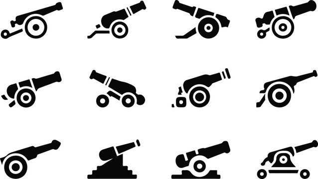 Set of twelve black and white cannon icons depicting antique military artillery weapons for war vector illustration
