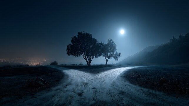 Conceptual background: Dirt road splitting in two under a full moon with distant city lights