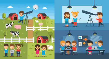 Naklejka premium A colorful vector illustration depicting children exploring space and nature through telescopes and learning activities in farm and classroom settings.