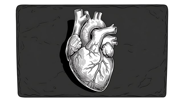 Vintage engraved human heart on textured dark slate background