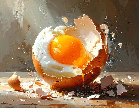 Broken egg with yolk splashing out.