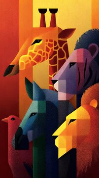 Geometric African Wildlife Portrait - A vibrant illustration showcasing a giraffe lion zebra rhino and bird in a stylized modern design with bold colors and textured patterns