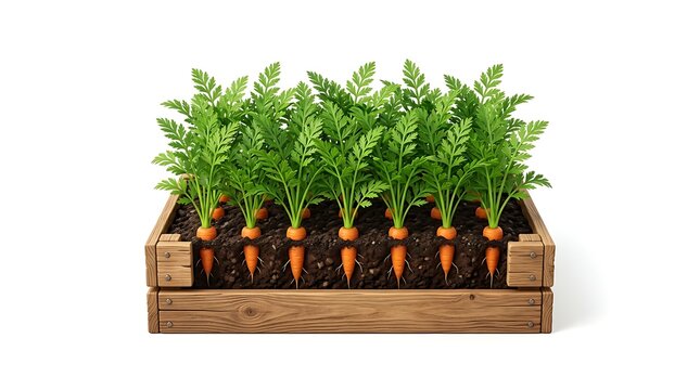 Fresh orange carrots growing in a wooden planter box with soil