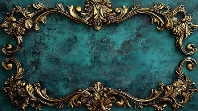 Richly detailed gold frame contrasted with a deep teal texture.