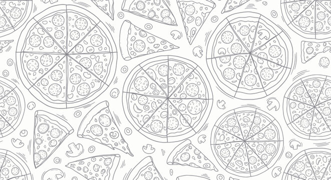 Hand-drawn Pizza Pattern - Pepperoni Slices and Whole Pies - Black and White Doodle
