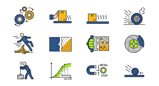 Friction and Motion Icons: Gears, Slipping, Brakes, Magnetism, Force