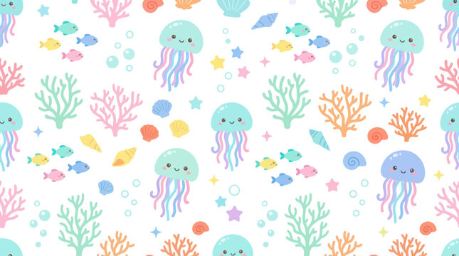 Cute Seamless Pattern of Cartoon Jellyfish, Fish, and Coral, Flat Style