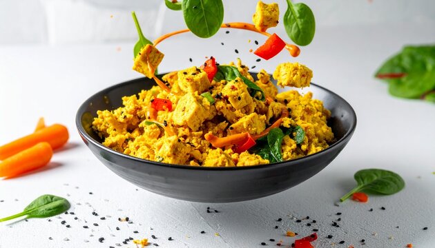 Dynamic whirlwind of a golden turmeric tofu scramble with flying carrot, spinach, and bell pepper, plus a frozen sriracha mayo ribbon on white.