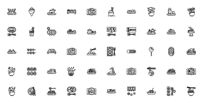 Asian Food icon set. Minimal vector icons pack. Featuring sushi, ramen, dumplings, fried rice, curry, tempura, spring rolls, noodles, sashimi and more. Editable stroke.