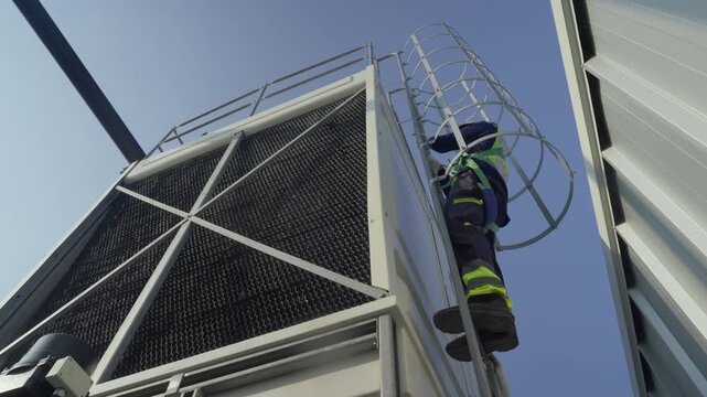 Engineer maintenance hvac cooling tower technician ladder safety rooftop industrial scene with professional climbing caged ladder for inspection and repair, focused ventilation work under clear sky