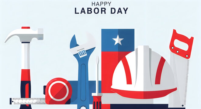 Happy labor day celebration with construction tools and american flag