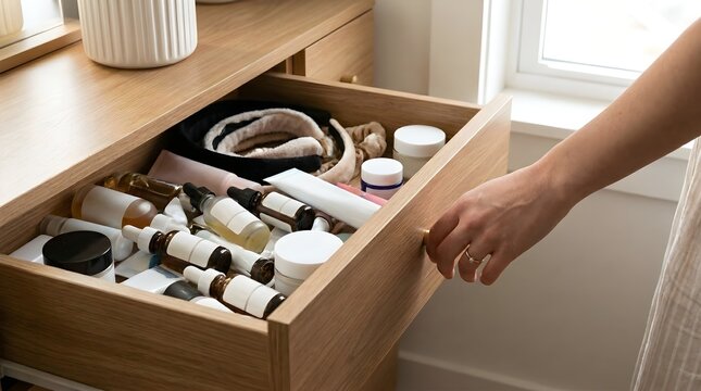 Woman Opening Wooden Dresser Drawer Filled with Various Skincare Products and Beauty Cosmetics.