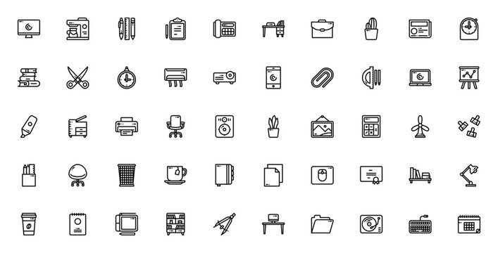 Workspace icon set. Office vector icons pack. Minimal line icons. Featuring monitor, coffee machine, stationery, clipboard, phone and more.