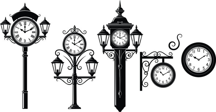 Vintage Street Clock Collection with Ornate Lamp Post Designs and Classic Roman Numeral Dials in Elegant Black Silhouette Vector Illustration Set