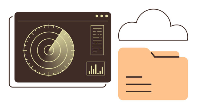Cybersecurity, data storage, cloud computing, file management, digital security, data analysis. Radar screen with graphs and folder adjacent to a cloud symbol. Cybersecurity and data storage concept