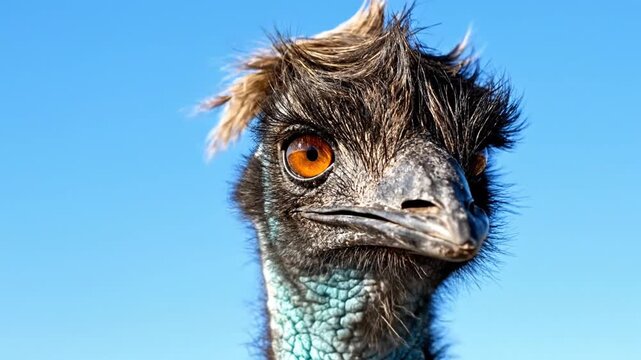 Close up portrait of an emu with curious expression