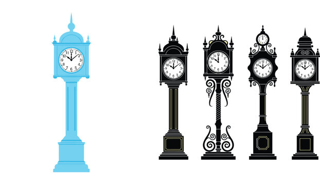 Vintage Street Clock Tower Collection with Ornate Designs and Classic Roman Numeral Dials for Urban Decoration and Timekeeping Vector Illustration Set