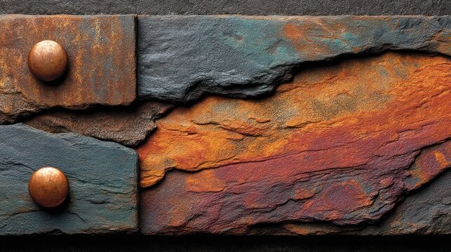 Textured, abstract art of layered rock with copper rivets. Colors shift from teal to orange/red