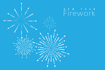 Minimal New Year fireworks vector design with stylish white burst effects on a bright blue background. Perfect for holiday greetings, celebration banners, party invitations, festive posters. © Lutfar