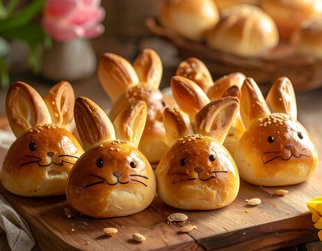 Easter bunny bread rolls on wooden board.