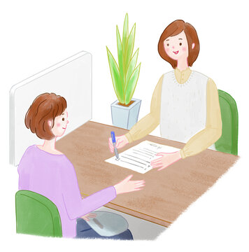 女性同士が向かい合わせで打ち合わせまたは相談しているイラスト
