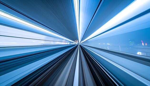 Futuristic tunnel with blue lights speeding.