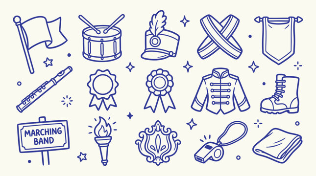 Collection of hand-drawn marching band icons and symbols, including a drum, flute, hat, jacket, boot, flag, whistle, and torch.