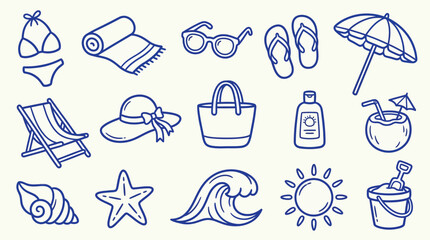 Collection of hand-drawn beach and summer vacation icons, perfect for travel and leisure themes. © zainab