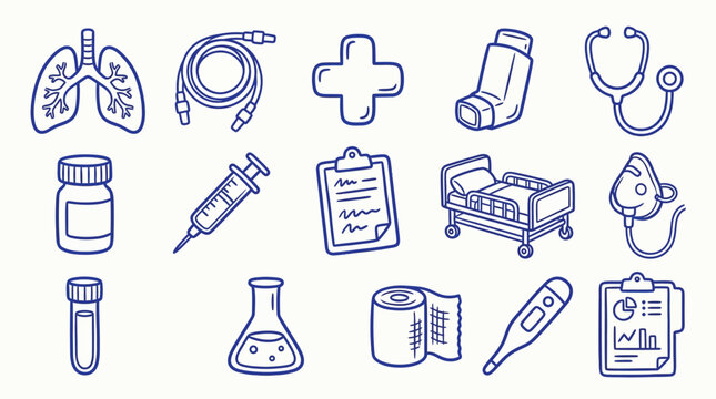 A collection of hand-drawn medical icons representing healthcare and science, including lungs, stethoscope, syringe, and hospital bed.