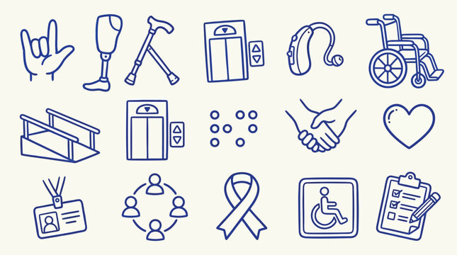 Collection of icons representing disability, accessibility, and support services.