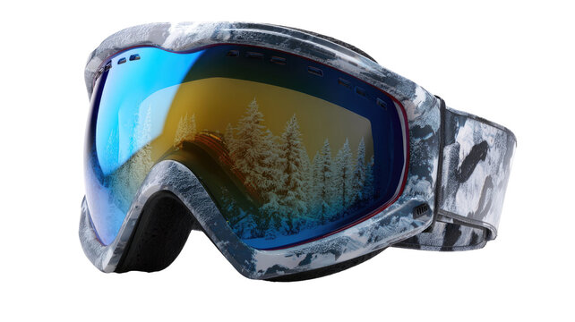 Close up of reflective winter ski goggles with snow pattern and forest reflection isolated on white background
